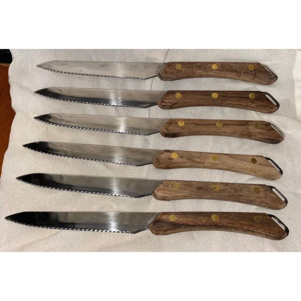 Vtg 6‎ Serrated Steak Knives Stainless Steel Wood Handle With End Loop Japan